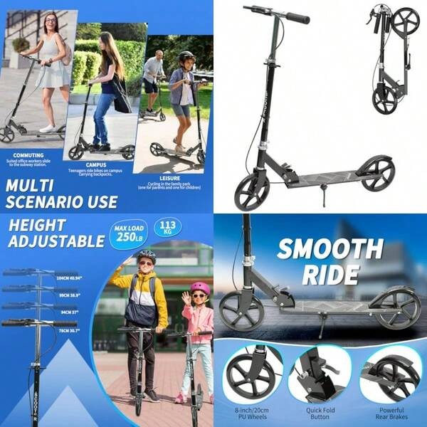 Foldable Scooter For Ages 8+ Height Adjustable With 8" Big Wheels Portable Scooters For Adult Teenagers Riders Up To 250 Lbs Black