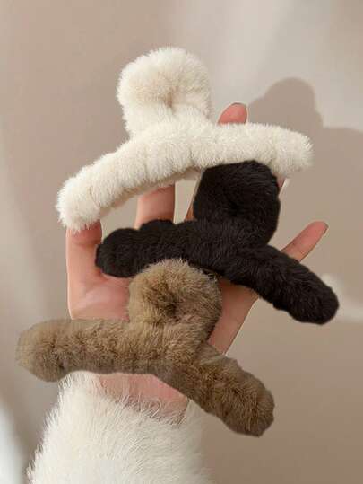 3pcs/1pc 4.13in/10.5cm Plush One-Piece Hair Clips In Black, White, Khaki, Minimalist Style, Versatile, Elegant, Suitable For Daily, Casual, Party, Commute, Vacation, Ponytail, Bun Hairstyles, Fashion Accessory Women Claw Clip Fashion Hair Accessories Elegant Hair Claw