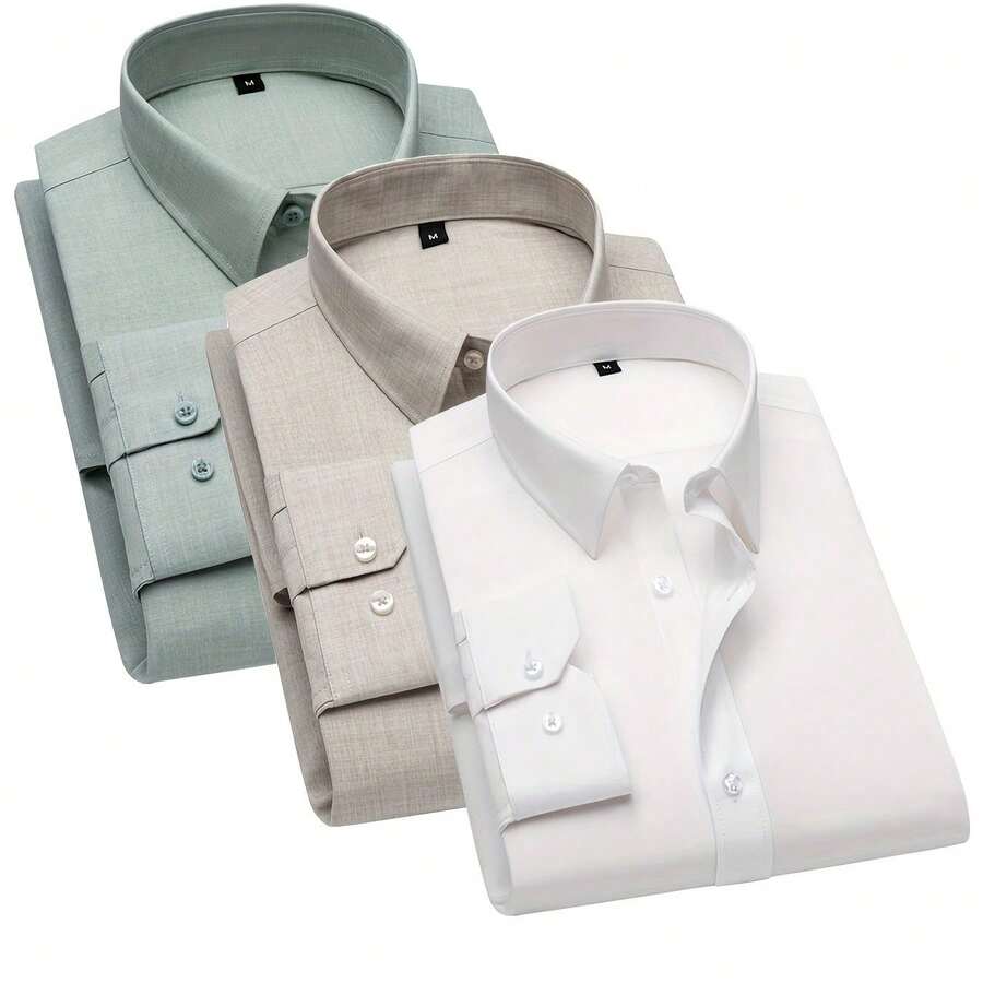 3pcs Breathable High-Quality Shirts For Men And Women, Forest-Themed Breathable Shirts, Business Formal Shirts, Casual Daily Shirts, Simple Vibrant Solid Color Shirts, Long Sleeve Button-Up Shirts, Romantic Island Beach Wedding & Proposal Shirts, Summer Autumn Forest Color Shirts, Men Shirt Long Sleeve, Shirt For Men, Long Sleeve Shirt Men, Men Clothe - 土黃色 - 查看 1