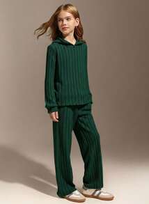 Hanevo Tween-Mädchen Zweiteiliges Set aus geripptem Kapuzenpullover und Schlaghose in Unifarbe, lässig, für Frühling und Herbst - Dunkelgrün - Übersicht 1