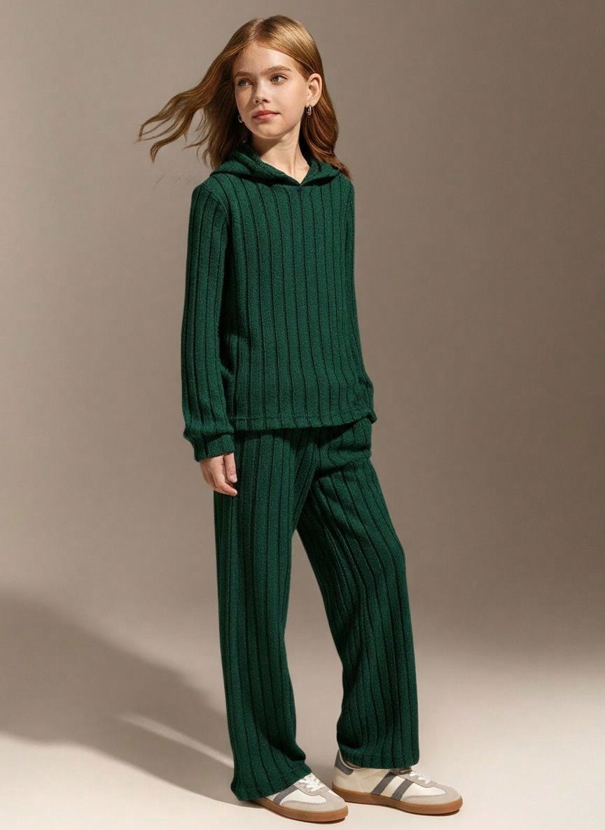 Hanevo Tween-Mädchen Zweiteiliges Set aus geripptem Kapuzenpullover und Schlaghose in Unifarbe, lässig, für Frühling und Herbst - Dunkelgrün - Übersicht 1