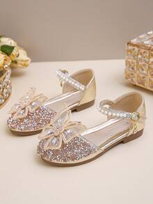 Giày công chúa lấp lánh đính nơ bướm vàng đính ngọc trai đế bệt cho tiệc cưới - Vàng - Xem 3