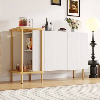 Modern Black Sideboard, 120x40x77.5 Cm, 2 Doors And 2 Open Shelves, Metal/Glass Frame, Integrated Coffee Table, Contemporary Design