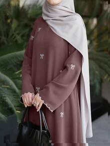 女士优雅蝴蝶结刺绣伊斯兰长袍 - 长款正式及休闲斋月礼服，及地长袍，适合斋月、祈祷、旅行 - 伊斯兰服装，宗教服饰，精致刺绣春季款 - 乾枯玫瑰色 - 查看 1