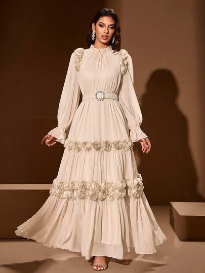 Women's Solid Color Stand Collar Dress With 3D Floral Decor (Floral Density Varies), Comes With Rhinestone Belt, Elegant Long Sleeve Maxi Dress, Suitable For Various Occasions Like Parties And Banquets