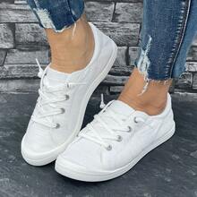 A Pair Of New Red Checkered Low-Top Lace-Up Canvas Shoes For Women For All Seasons. Fashionable, Personalized, Casual And Versatile Plus-Size Women's Shoes. Lightweight, Comfortable, Flat-Soled And Non-Tiring Outdoor Sports Shoes. - trắng - Xem 5