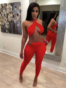 Sexy Tube Top Pullover Zweiteiliges Set Lange Hose Wünsche Neue Europäische und Amerikanische Stil Halterneck Lässig Einfarbig - Gelb - Übersicht 3