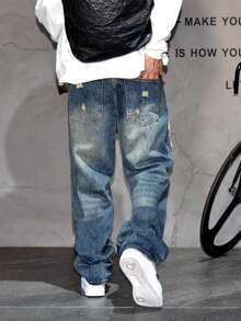 Calça Jeans de Perna Larga e Larga com Estilo Vintage de Streetwear Americano, Calça Jeans Reta Relaxada para Homens