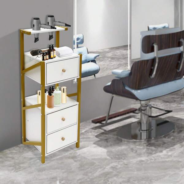 RibasuBB Gabinete de almacenamiento de salón blanco cálido con 3 cajones, estante superior abierto y soporte para secador de pelo - Estructura de acero y tablero de densidad enchapado, estación de estilista de pie compacta