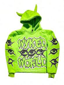 Harajuku Y2K Hoodie Casual Devil Horn Sweatshirt Streetwear Devil Corner Hoodie Unisex Loose-Fitting Street Style Pullover - Màu xanh chanh - Xem 1
