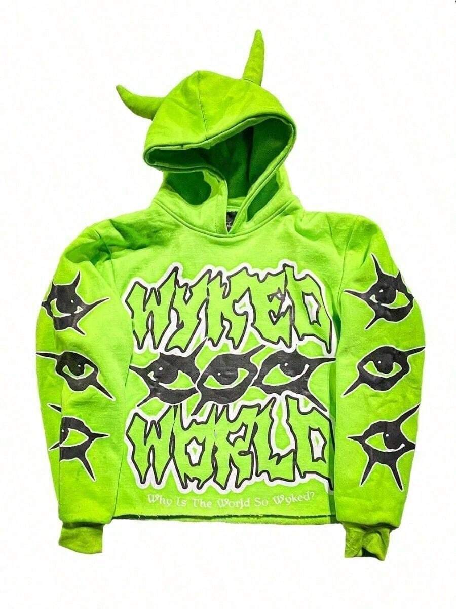 Harajuku Y2K Hoodie Casual Devil Horn Sweatshirt Streetwear Devil Corner Hoodie Unisex Loose-Fitting Street Style Pullover - Màu xanh chanh - Xem 1