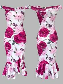 ChicMe 女士印花露肩修身中长连衣裙，荷叶边下摆开衩设计，优雅派对鸡尾酒会约会装扮 - 粉色 - 查看 4