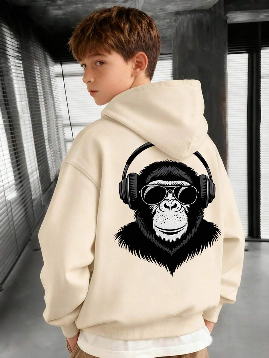 1件青少年男童休闲趣味恶魔骷髅印花卫衣,趣味多彩连帽套头衫,适合学生,秋冬季 - 杏色 - 查看 1