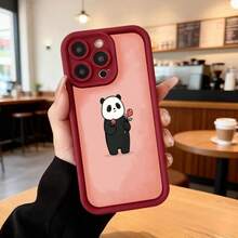 Cubierta de teléfono con borde negro y parte trasera rosa con diseño de panda sosteniendo una flor para uso diario en cafeterías y espacios casuales Aplicable a los teléfonos de la serie Apple y Galaxy - Café integral - Ver 5
