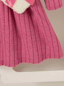 两件套女童休闲套装 - 无袖蝴蝶结装饰上衣和长袖及膝连衣裙，春、秋、冬季时尚套装 - 玫紅色 - 查看 9