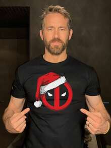 Deadpool T-Shirt Christmas Hat Funny Movie Themed Men's T Shirt Unisex Top, Halloween, Christmas, Bi - 黑色 - 查看 1
