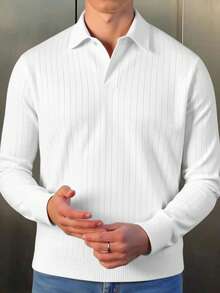 Polo para hombre de manga larga, ideal para otoño e invierno. Con diseño acanalado de líneas verticales, tejido suave y cómodo, cuello clásico y ajuste moderno. Perfecto para combinar con jeans y pantalones casuales, ofrece un estilo elegante y versátil para reuniones, trabajo o salidas cotidianas, brindando sofisticación y confort en todo momento. - Blanco - Ver 3