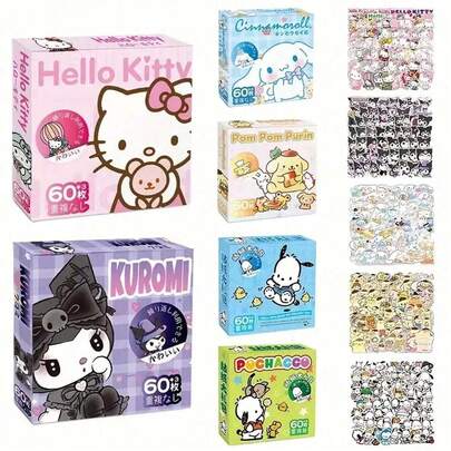 1 caja de 60 pegatinas con licencia de Sanrio [Autorización oficial] - Pegatinas de Hello Kitty, Kuromi, Cinnamorwall, Pochacco, pegatinas de dibujos animados lindos para DIY, teléfono móvil, diario, cuaderno portátil
