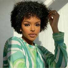 女士真人发假发，非裔卷发/蓬松发型，短款非裔基础款，无蕾丝玫瑰网帽，百搭款式，自然外观，适合所有种族