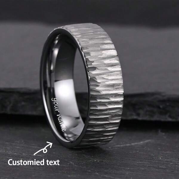 1 pièce Anneau en acier au tungstène de 8 mm, texture d'écorce, minimaliste et , texte personnalisable gravé au laser, anneau de mariage, cadeau idéal pour le partenaire ou la famille