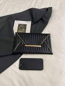 1个PU皮革纯色编织纹理女士日常信封式手拿包，简约优雅，节日礼物 - 黑色 - 查看 8