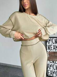 两件套：米色纹理滚边短款上衣和阔腿裤，时尚休闲套装，针织面料，230克 - 卡其色 - 查看 6