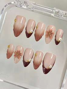 10 unidades de unhas postiças minimalistas para uso diário, em formato amendoado, com relevo 3D e comprimento médio, na cor marrom café quente.