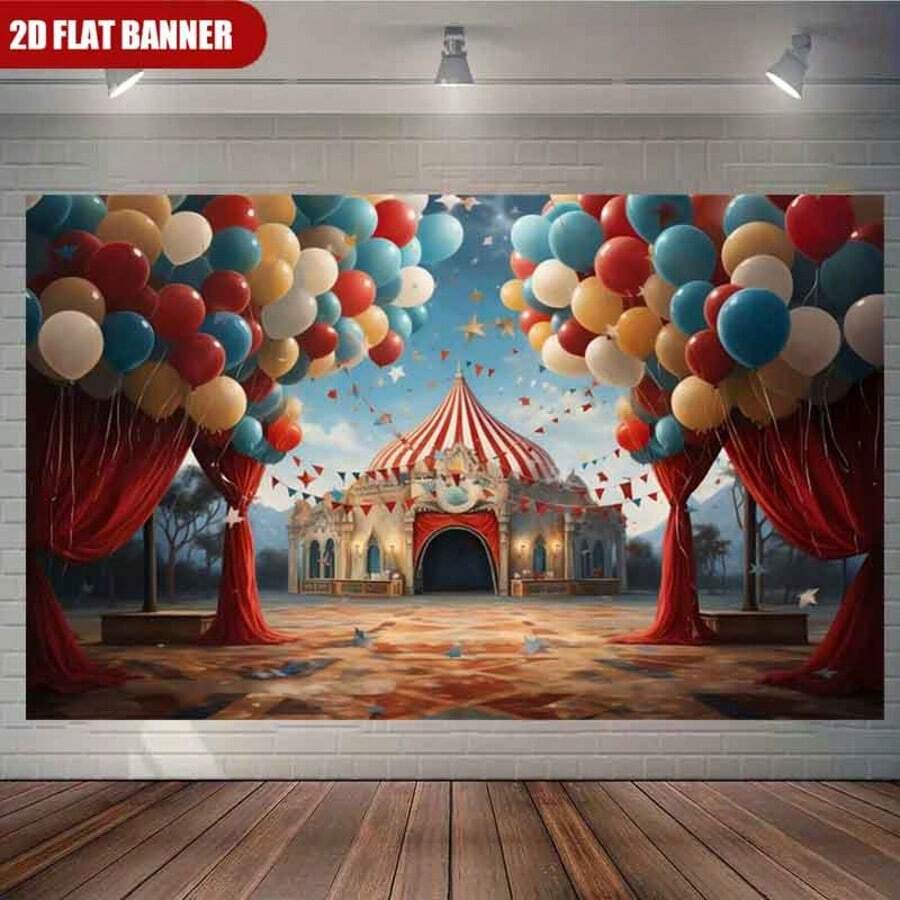 1 pancarta 2D con globos de colores y una carpa de circo mágica para una celebración soñadora - Perfecta para decoraciones de fiesta de cumpleaños y fiestas con tema de carnaval, hecha de material de poliéster duradero
