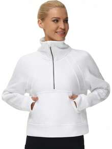¡RecomendadoSudadera con Media Cierre para Mujer, de Forro Polar, Cuello Alto, con Bolsillos, Agujero para el Pulgar¡Top de Temporada - Blanco sucio - Ver 4