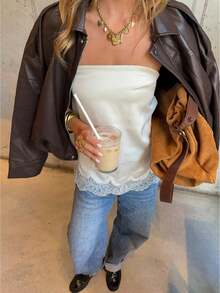 Women Satin Lace Trim Strapless Tube Tops Flowy Silk Backless Sleeveless High Low Tank Tops Boho Layering Bustier Top - trắng - Xem 1