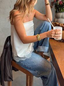 Women Satin Lace Trim Strapless Tube Tops Flowy Silk Backless Sleeveless High Low Tank Tops Boho Layering Bustier Top - trắng - Xem 6