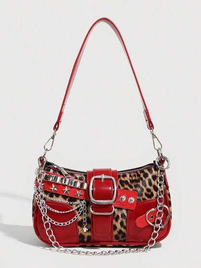 حقيبة يد من جلد البولي يوريثان بطراز Y2K Baddie، حقيبة كروس متعددة الاستخدامات بنجمة وهلال، حقيبة كتف بسلسلة اللون، حقيبة سلسلة تحت الذراع بطراز الألفية، حقيبة مزينة بنجمة عصرية، مناسبة للنساء في الموضة الشارعية والحفلات والهدايا