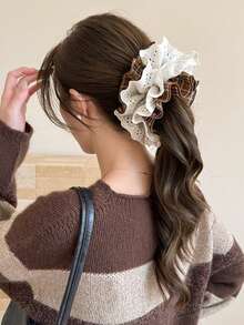 1pc Elegant Lace Multilayer Hollow Floral Hair Scrunchie, Unique Design, Versatile For Daily Use ,Hair Ties ,Scrunchy Hair Ties Ponytail Head Accessories Elastic Band - Brown - View 3