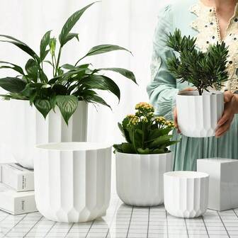 Multi-Size Nordic Style Simple Vertical Striped Planter, Outdoor Garden Plant Pot, Hydroponic & Soil Cultivation Flowers & Greenery, Succulent Plant Vase Container, Fashionable Desktop Decor Flower Pot, Plastic Planter