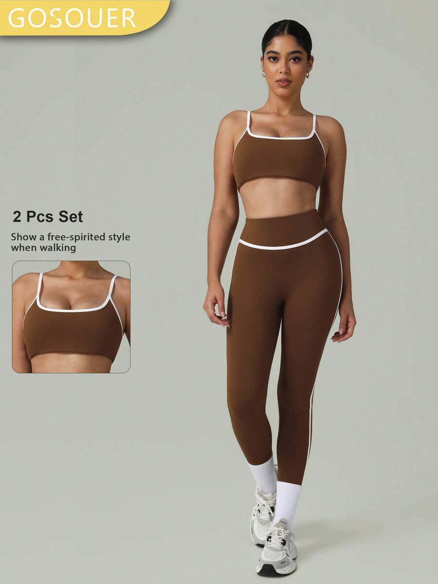 2 PCS CO Ord Set Spring And Summer Women Fashion White Line Yoga Sports Bra And Legging - 棕色 - 查看 1