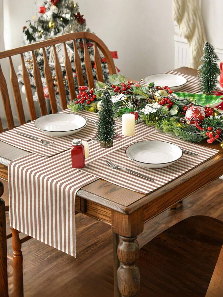 1 件圣诞装饰桌旗,条纹长方形桌布,多种尺寸可选,适用于家庭用餐、圣诞厨房装饰、家居装饰、户外派对和餐厅,是户外餐桌布置的完美礼物,亚麻质感 - 摩卡慕斯色 - 查看 1