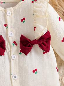 Newborn Baby Girls Cute Cartoon Cherry Woven Round Neck Button Ruffle Contrast Bow Long Sleeve Jumpsuit With Headband