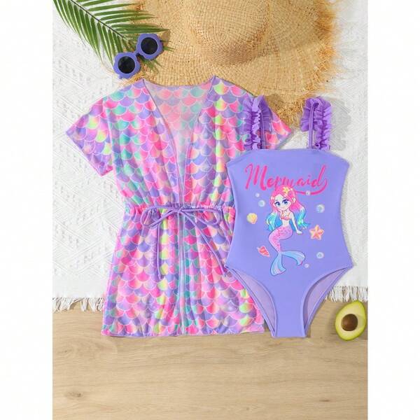 RWX VEST Maiô Infantil Feminino com Saída de Praia Estampa Sereia – Conforto e Charme para o Verão 2025 I3629