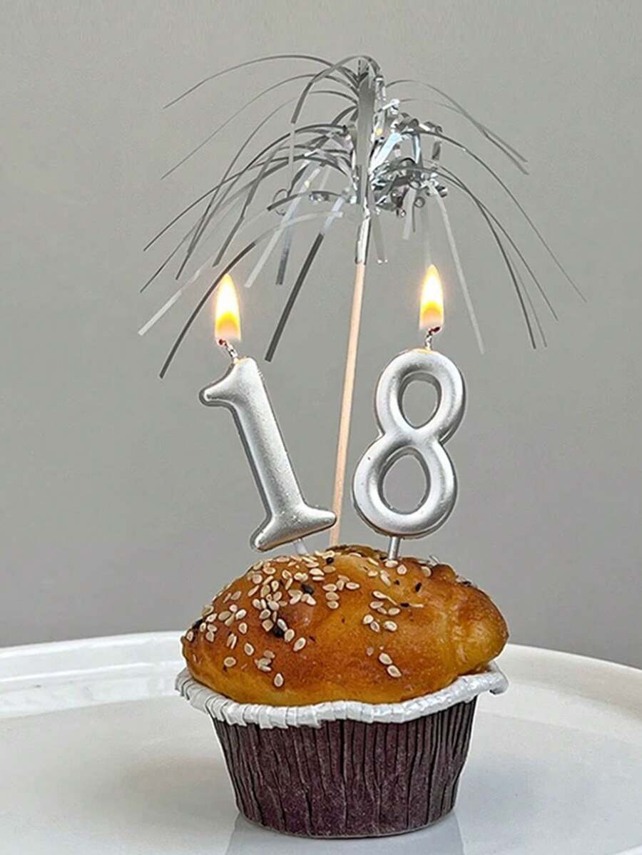 白色、黑色、银色小数字生日派对主题周年纪念蛋糕装饰蜡烛 - 銀色 - 查看 1