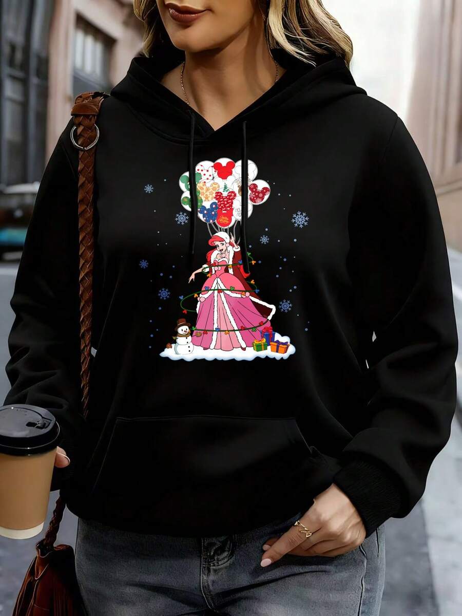 Disney Women Hoodie White Mickey Mouse Christmas Tree Princess Print Casual Winter Outfit - 黑色 - 查看 1