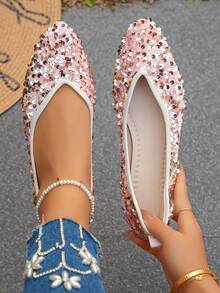 Giày bệt mũi nhọn đính sequin thời trang mới cho mùa xuân/thu cỡ lớn EU size 35-45, thanh lịch, đa năng và thoải mái, phù hợp để mặc hàng ngày với váy - Nền móng-Kim sa vàng - Xem 1
