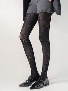 Retro Hollow-Out Diamond Pattern Base Tights, Sheer Thin Pantyhose, Women's Cozy Dark Gray High-Elastic Design, Non-Slip Crotch, Gray Tone Slimming Effect, Japanese JK Style With Straight Heel, Suitable For Layering And Outer Wear. - Multicolor - View 4