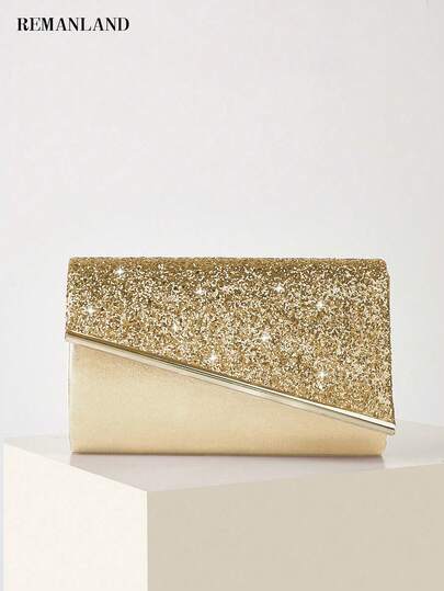 REMANLAND 这款闪耀迷人的金色晚宴包饰有亮片和金属饰边，尽显奢华气质。它既可用作派对手拿包，也可用作手提包，是派对、婚礼、晚宴和宴会的完美之选。对于参加派对、婚礼、舞会和宴会/活动的女士来说，它是理想之选，也是送给任何女性的完美礼物。