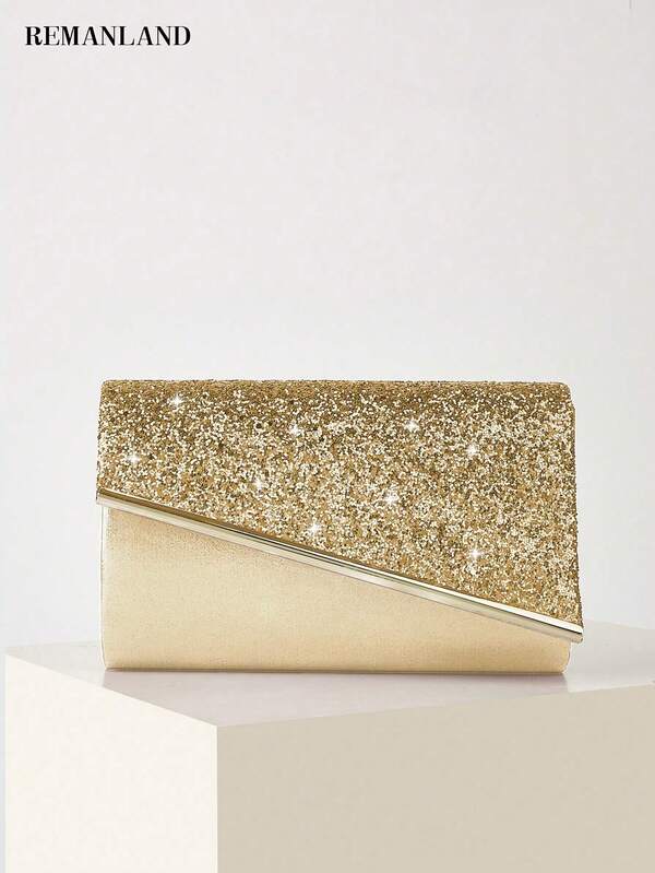 REMANLAND 这款闪耀迷人的金色晚宴包饰有亮片和金属饰边，尽显奢华气质。它既可用作派对手拿包，也可用作手提包，是派对、婚礼、晚宴和宴会的完美之选。对于参加派对、婚礼、舞会和宴会/活动的女士来说，它是理想之选，也是送给任何女性的完美礼物。