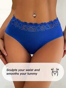 1件装女士纯色高弹力蕾丝边性感舒适日常三角内裤 - 藍色 - 查看 3