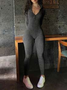 Mystra 女士休闲撞色罗纹拉链连体裤 - 深花灰 - 查看 6