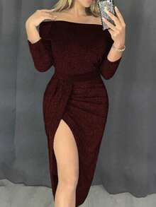 Elegant Formal Party Sequin Dress, Off-Shoulder, Cinched Waist, Slit, Green Midi Dress - Burgundy - View 4