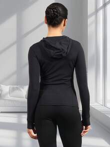 Women's Hooded Long Sleeve Sports Jacket With Thumbholes With Pockets, Breathable Athletic Casual Pullover, Sportswear, Fitness Clothing, Yoga Jacket, Fitness Clothing, Long Sleeve Cycling Sweatshirt, Women's Outdoor Sports Running Tops, Women's Yoga Hoodie Suitable For Running, Fitness, Yoga, Everyday Leisure - 黑色 - 查看 2
