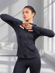 Women's Hooded Long Sleeve Sports Jacket With Thumbholes With Pockets, Breathable Athletic Casual Pullover, Sportswear, Fitness Clothing, Yoga Jacket, Fitness Clothing, Long Sleeve Cycling Sweatshirt, Women's Outdoor Sports Running Tops, Women's Yoga Hoodie Suitable For Running, Fitness, Yoga, Everyday Leisure - 藏蓝色 - 查看 7