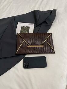 1个PU皮革纯色编织纹理女士日常信封式手拿包，简约优雅，节日礼物 - 咖啡 - 查看 5